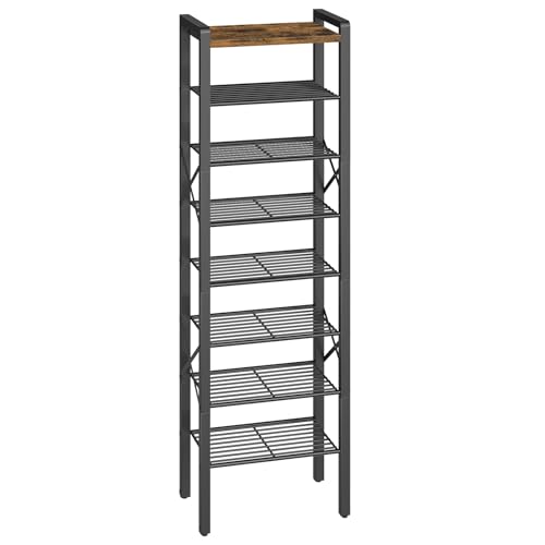 YATINEY 8-Tier Narrow Shoe Rack, Tall Shoe Rack for 8-16 Pairs, Slim Shoe Storage Organizer with Wooden Top, Space Saving, Metal Frame, for Entryway, Rustic Brown and Black SS608BR - color: Rustic Brown + Black, size: 16.5" x 10.4" x 53.5"