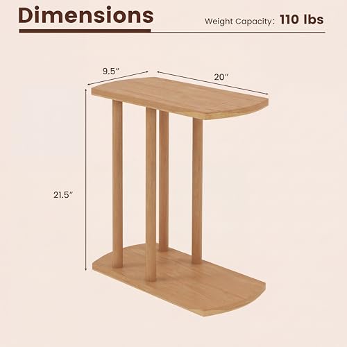 COSTWAY Solid Teak C-Shaped Side Table, Natural Slim 2-Tier End Table with Thick Top & Stable Base, Space-Saving Couch Table for Living Room Bedroom Small Spaces (1)
