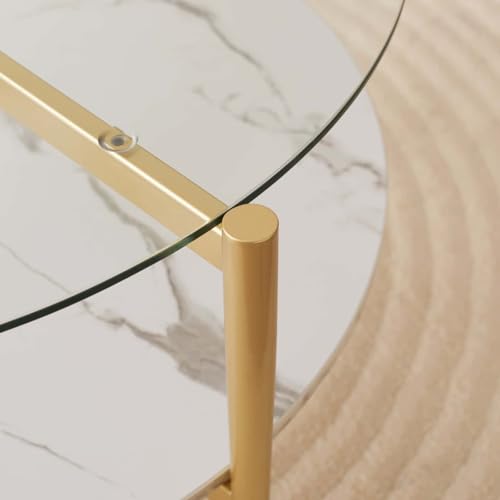 LumFurn Round Coffee Table for Living Room, Mid-Century Modern Design, D30 x H17, 2-Tier Structure, Clear Glass Top and White Marble Finish Wood Shelf, Sleek Conical Metal Legs with Gold Finish Frame - color: Clear & White Marble, size: D30" Round Coffee