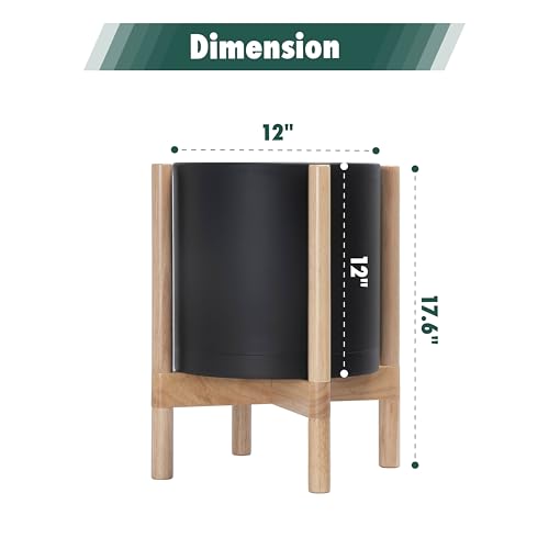 D'vine Dev Plastic Pot with Natural Wood Stand, Black, 12 in, 55-C-P-2 | Mid-Century Inspired Design, Elevated Plant Display, Clean Lines, Sturdy Support, Modern Space-Saving Style - color: Matte Black Pot + Natural Stand, size: 12 Inch
