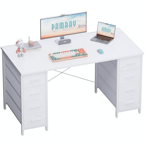 Pamray 47 Inch Computer Desk with 8 Fabric Drawers for Home Office Work | Ample Storage, Space-Saving, Suitable for Home Office Bedrooms Dorm Living Rooms for Study, Writing, Work - color: White
