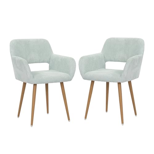 KCC Small Modern Dining Room Arm Chairs for Kitchen Set of 2,Blue | Mid-Century Upholstered Corduroy Fabric Side Seat Club Guest with Metal Tube Legs - color: Blue+corduroy Fabric, size: Set of 2