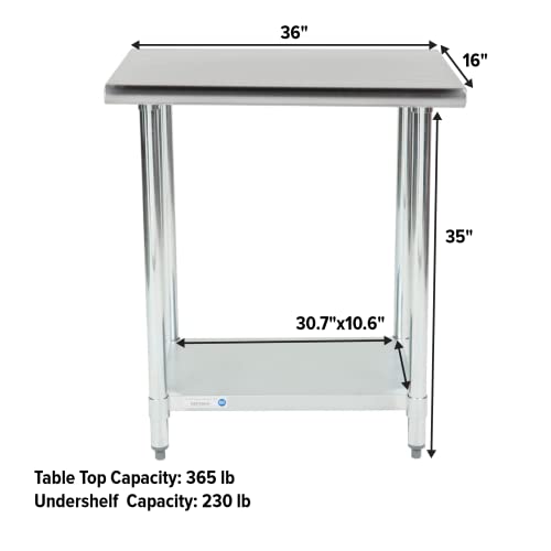 NSF Certified Heavy Duty Stainless Steel Prep Table for Home & Commercial Use with Galvanized Shelf, Legs, & Optional Wheels - size: 36x16