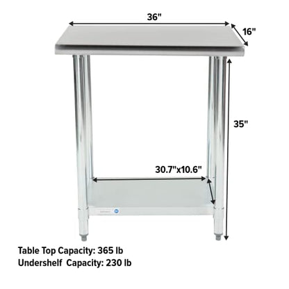NSF Certified Heavy Duty Stainless Steel Prep Table for Home & Commercial Use with Galvanized Shelf, Legs, & Optional Wheels - size: 36x16