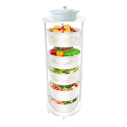 5-Tier Adjustable Kitchen Storage Rack,5 Layer Rotating Vegetable Organizer with Lockable Casters,Multi-Layers Rotatable Baskets for Kitchen Bathroom Living Room,White - size: 5-Tier