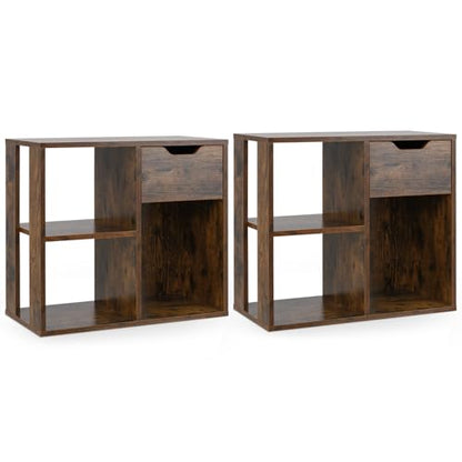 Giantex 3 Cube Bookcase with Drawer Set of 2, Bookshelf for Small Space, Modern Freestanding Display Rack with Open Shelves, Book Case, Wood Cube Storage Organizer Bedroom Living Room, Rustic Brown - color: Rustic Brown