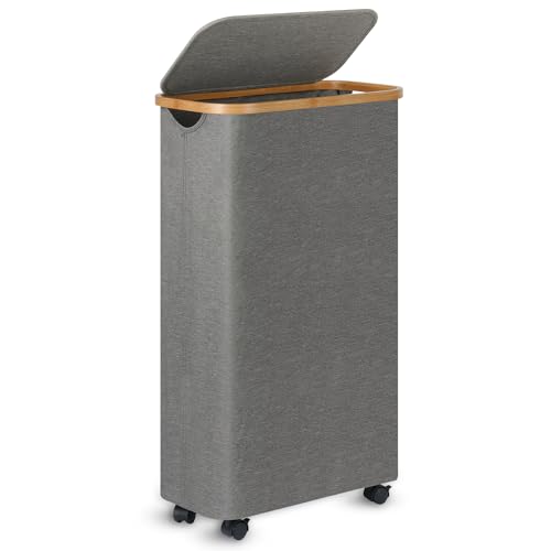 Slim Laundry Basket with Wheels,Narrow Hampers for Laundry, Laundry Hamper with Lid&Bamboo Handles,Dirty Clothes Hamper for for Bathroom Bedroom Dorm, 60L Grey - color: Grey, size: 60L with Wheels