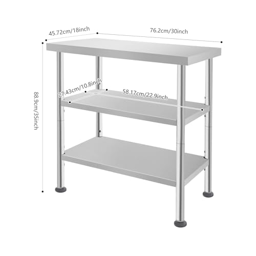 30x18x35in 3-Tier Stainless Steel Work Table with Casters & Foot Pads, Adjustable Shelves, 370 lbs Load Capacity, Heavy Duty Utility Cart for Kitchen, Warehouse, Home Organization - size: 30x18x35 Inches