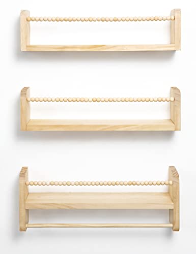 Maxpeuvon Nursery Floating Shelves for Wall, Set of 3 Book Shelves Natural Wood Wall Mounted Organizer with Towel Bar Hanging Bookshelves Nursery Decor for Kids Room, Bedroom and Kitchen