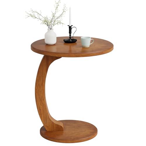 Tribesigns Small Round End Table for Living Room, C-Shaped Sofa Side Table for Couch, Retro Boho Bedside Nightstand, Brown