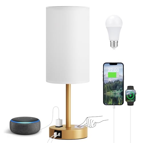 Fenmzee Gold Nightstand Bedroom Lamp - 3 Way Dimmable Bedside Lamp USB C A Charging Ports and AC Outlet, Small Table Lamp Linen Lampshade for Office Desk - color: White - Gold, size: 17.4" Touch Control