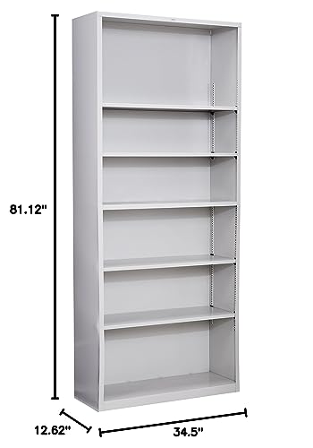 HON Brigade Metal Bookcase - Bookcase with Six Shelves, 34-1/2w by 12-5/8d by 81-1/8h, Light Gray (HS82ABC) - color: Light Gray, size: 6 Shelves