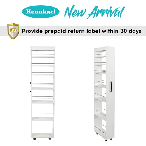 7 Tier Slim Storage Cart with Storage Shelf for Next to Fridge, Rolling Spice Rack with Handle for Small Spaces, Utility Cart with Double-Sided Spice Rack for Kitchen (White)