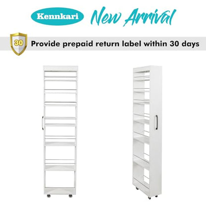 7 Tier Slim Storage Cart with Storage Shelf for Next to Fridge, Rolling Spice Rack with Handle for Small Spaces, Utility Cart with Double-Sided Spice Rack for Kitchen (White)