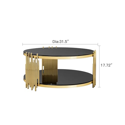 Black Glass Coffee Table, 2-Tier Round Tempered Glass with Gold Stainless Steel Frame, Modern Luxury Coffee Table for Living Room, Office, or Café - color: Coffee Table