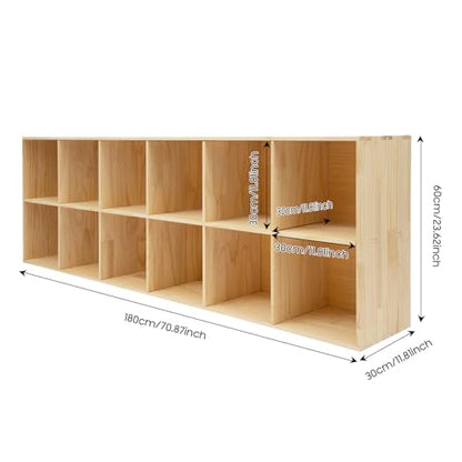 12 Cube Bookcase, 2-Tier Solid Wood Storage Organizer, Floor Standing Display Cabinet Bookshelf with Back Panels, Open Shelf for Bedroom, Living Room, Office 70.8"W X 11.8"D X 23.6"H (Wood)