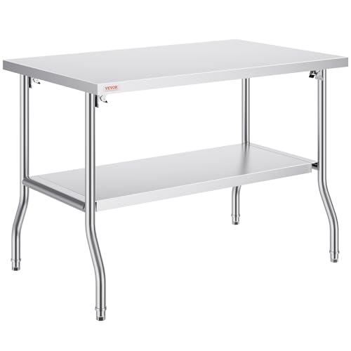 VEVOR Stainless Steel Foldable Work Table, 30 * 48 Inch Heavy Duty Food Outdoor Double Layer Stainless Steel Worktable for Commercial Kitchen Restaurant - size: Double layer 30"*48", style: Foldable