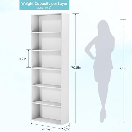 GRUSIGN 71" Tall 6-Tier Bookshelf, Large Open Display Bookcase with Ample Storage, Floor Standing Book Shelf for Living Room, Home Office, Bed Room, White - color: White