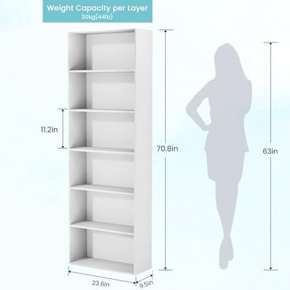 GRUSIGN 71" Tall 6-Tier Bookshelf, Large Open Display Bookcase with Ample Storage, Floor Standing Book Shelf for Living Room, Home Office, Bed Room, White - color: White