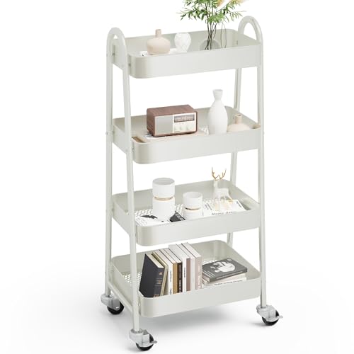 OLIXIS Metal 4 Tiers Rolling Storage Utility Cart with Lockable Wheels | Mobile Organizer Shelf, Space-Saving, Freestanding, Bathroom, Living Room, Slim, Narrow Corner Spaces, White - color: 4-tiered White, size: 4-Tiered 18 inches