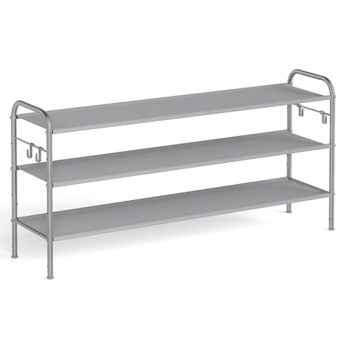 SONGMICS Shoe Rack, 3-Tier Shoe Organizer, Fabric Shoe Shelf Storage with 4 Hooks, Holds up to 18 Pairs of Shoes, Height-Adjustable Shoe Rack for Entryway, Hallway, Closet, Easy Assembly, Dove Gray - color: Dove Gray, size: 3 Tier (20.8"H)