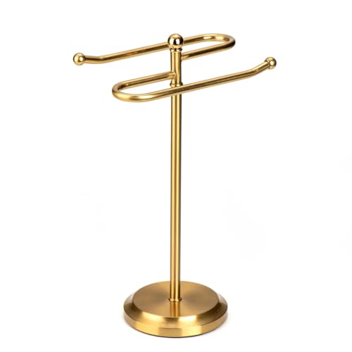J&V TEXTILES Classical Steel Towel Rack Holder Stand with 2 Hanging Rings for Bathroom Vanity Countertops - Space Saving Hand Towel Holder (Aged Brass) - color: Aged Brass