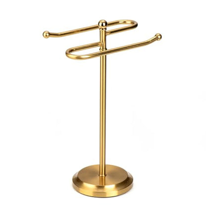 J&V TEXTILES Classical Steel Towel Rack Holder Stand with 2 Hanging Rings for Bathroom Vanity Countertops - Space Saving Hand Towel Holder (Aged Brass) - color: Aged Brass