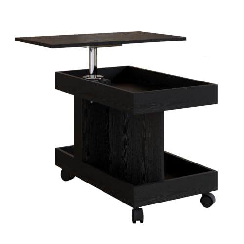 Multifunctional End Table with Wheels and 360° Rotating Desktop | Rolling Design, Storage Compartment, Sofa Side Narrow Table, Bedside Use, Living Room & Bedroom - color: Black-7.15
