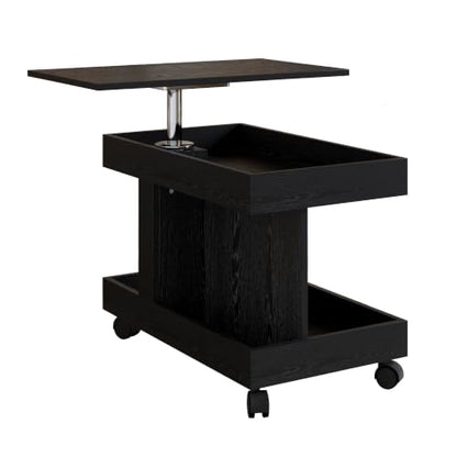 Multifunctional End Table with Wheels and 360° Rotating Desktop | Rolling Design, Storage Compartment, Sofa Side Narrow Table, Bedside Use, Living Room & Bedroom - color: Black-7.15