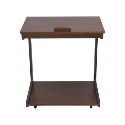 Wooden C-Shaped End Table, Rolling Side Table, Couch Table with Adjustable Desktop, Couch Desk with Wheels, for Couch, Living Room, Bedroom, 23.62" D x 15.35" W x 24.8" H, Walnut-Colored