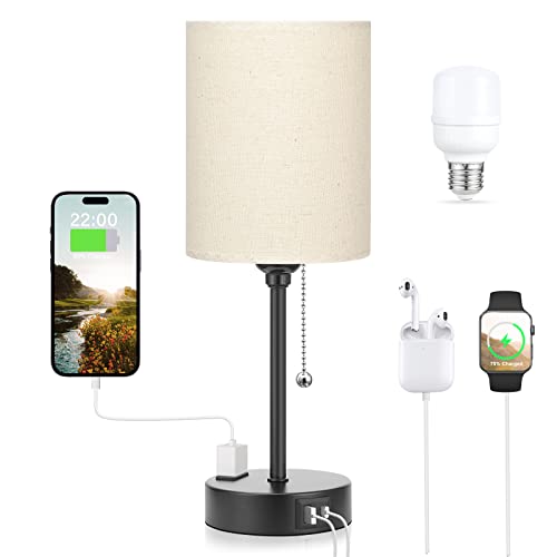 Beige Small Lamps 3 Levels Brightness - 3000K 4000K 5000K Bedside Lamps with USB C and A Ports, Pull Chain Table Lamps with AC Outlet, Nightstand Lamps with Black Metal Base for Bedroom Kids Reading - color: Beige, size: 14.6 in