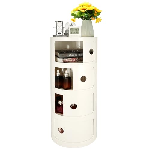 4-Tier Round Bedside Table, Narrow Storage Cabinet, Small Stylish Storage Cabinet, no Installation Required, Suitable for Living Room and Bedroom, Small Space - color: Milky, size: 4 Tier
