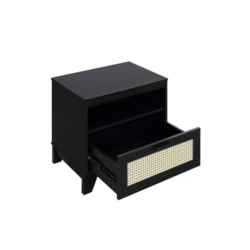 Manhattan Comfort Sheridan Cane Mid Century Modern Nightstand with 1 Full-Extension Drawer and Open Cubby Space, Elegant Bedside Table and Decor Accent for Bedroom and Living Room, Set of 2, Black - size: Set of 2