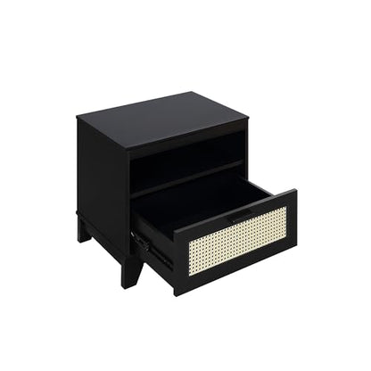 Manhattan Comfort Sheridan Cane Mid Century Modern Nightstand with 1 Full-Extension Drawer and Open Cubby Space, Elegant Bedside Table and Decor Accent for Bedroom and Living Room, Set of 2, Black - size: Set of 2