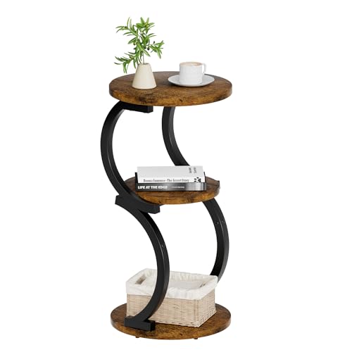 Small Side Table, 3-Tier Round End Table for Small Spaces, Rustic Brown | S-Shaped Accent Table, Living Room & Bedroom, Beside Sofa, Vintage Nightstand, Wood & Metal Frame, Open Storage - color: Rustic Brown