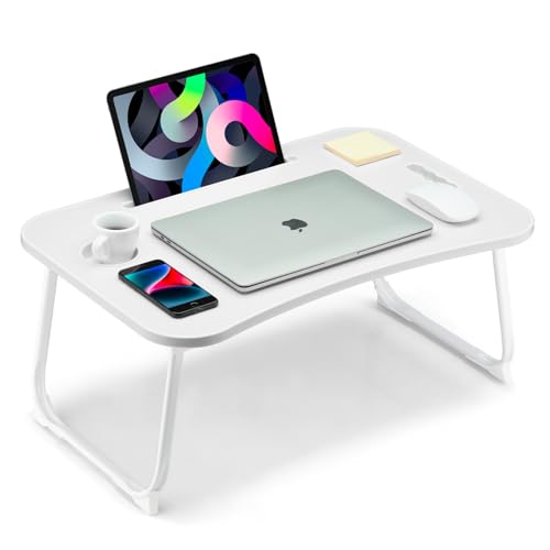 Foldable Lap Desk, Laptop Bed Desk, Portable Lap Table, Laptop Bed Table with Cup Holder & Tablet Slot & Lifting Handle for Working Writing Drawing & Eating - White - color: White