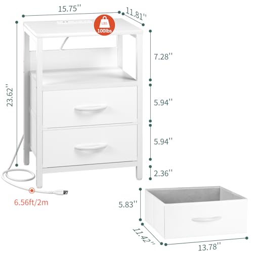 Yoobure Nightstand with Charging Station, LED Night Stand with Fabric Drawers and Storage Shelf for Bedroom, Nightstands Bedside Tables with USB Ports & Outlets, Small Night Stands, Bed Side Table - color: White