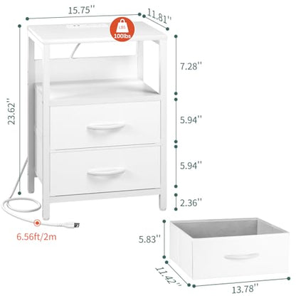 Yoobure Nightstand with Charging Station, LED Night Stand with Fabric Drawers and Storage Shelf for Bedroom, Nightstands Bedside Tables with USB Ports & Outlets, Small Night Stands, Bed Side Table - color: White