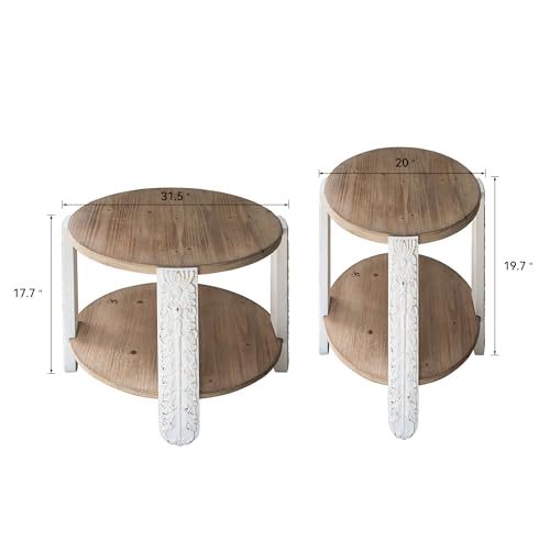 20'' Wood Side Table End Table 2-Tier for Living Room, Modern Contemporary Farmhouse Style for Bedroom, Carved Leg & Easy Assembly, Brown & White - color: 20in-brown & White