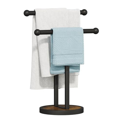 YINMIT Hand Towel Stand with Heavy Wood Base, Free Standing Towel Rack Double T-Shape Hand Towel Holder for Bathroom, Countertop Towel Holder for Bathroom, Kitchen, Countertop Vanity - color: Rustic Brown 2 Tier