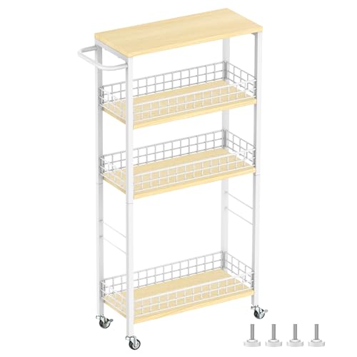 YBING Slim Storage Cart 4-Tier Rolling Kitchen Utility Cart White Narrow Laundry Storage Cart on Wheels and Wood Table Top Mobile Shelving Unit Organizer Trolley for Bathroom Small Space 7.3" W - color: White