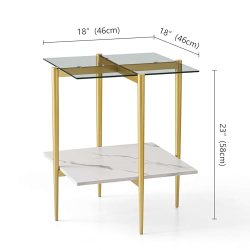 LumFurn Square Glass End Table, Mid-Century Modern Design Sofa Table, for Living Room, L18 x W18 x H23, Clear Glass Top and White Marble MDF Shelf, Sleek Conical Metal Legs with Gold Finish - color: Clear & White Marble, size: L18" Square End Table