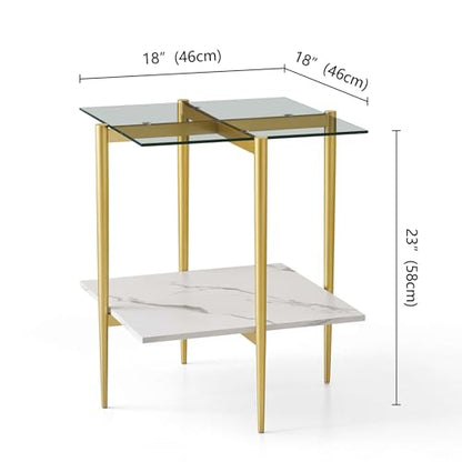 LumFurn Square Glass End Table, Mid-Century Modern Design Sofa Table, for Living Room, L18 x W18 x H23, Clear Glass Top and White Marble MDF Shelf, Sleek Conical Metal Legs with Gold Finish - color: Clear & White Marble, size: L18" Square End Table