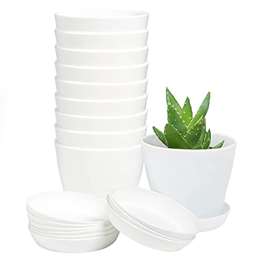 TDHDIKE 10 Pcs Plastic Planters Indoor Flower Plant Pots, Mini Flower Seedlings Nursery Pot/Planter/Flower Pot with Pallet, Modern Decorative Gardening Containers (White) - color: White