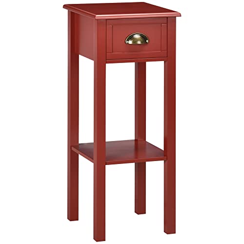 HOMCOM Narrow End Table with Drawer and Bottom Shelf Set of 1 Red | Tall Telephone Table, Skinny Modern Design, for Small Spaces, Living Room - color: Red