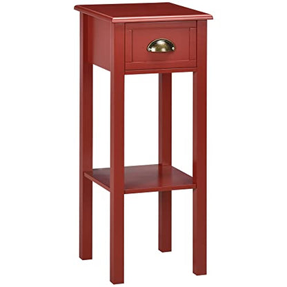 HOMCOM Narrow End Table with Drawer and Bottom Shelf Set of 1 Red | Tall Telephone Table, Skinny Modern Design, for Small Spaces, Living Room - color: Red