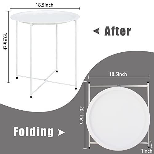 Garden 4 you End Table Metal Side Table White Round Folding Tray Cyan Sofa Small Accent Fold-able Table, Round End Table Tray, Next to Sofa Table, Snack Table for Living Room and Bed Room - color: White