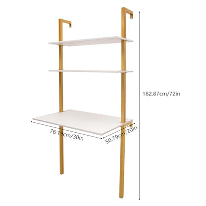 2-Shelf Industrial Wall Mount Ladder，Wall Mount Computer or Writing Desk, Computer Laptop Desk with Shelves, Wall Table Floating Desk with Storage for Home Office, Gold, (20" Dx30 Wx72.8 H) - color: Gold/ White