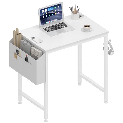 Lufeiya Small White Desk for Small Spaces, 24 Inch Kids Girls Study Writing Mini Desks for Bedroom, Simple Modern Laptop PC Little Side Table with Storage Bag Headphone Hook, White - color: White, size: 23.6”