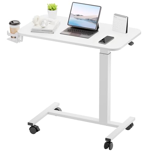 GTPLAYER Small Standing Desk with Wheels, Pneumatic Mobile Rolling Laptop Desk, Adjustable Height Overbed Bedside Table Computer Workstation for Home Office (28" W x 16" D, White)